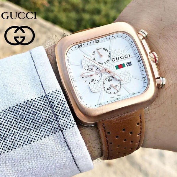 Gucci White Dial Analog Quartz Datejust Leather Belt Square Model Men's Watch