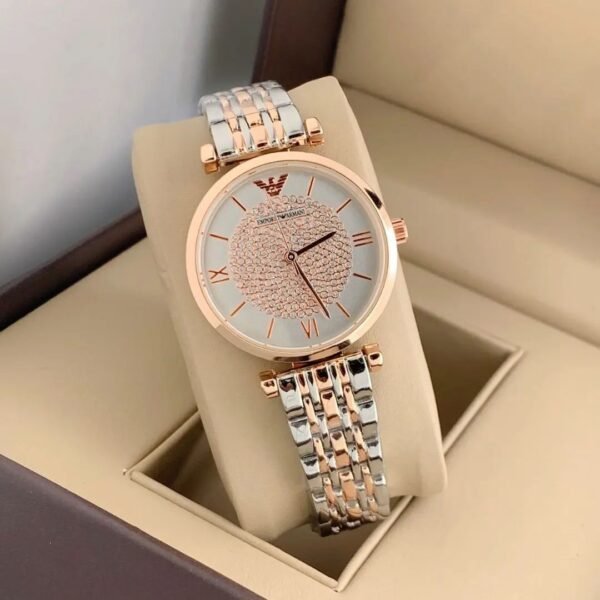 Emporio Armani Rose Gold And Silver Belt Diamond Studded Watch For Women