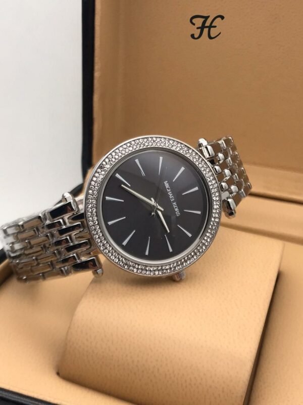 Michael Kors Diamond Studded Black Dial Silver Strap Watch For Women