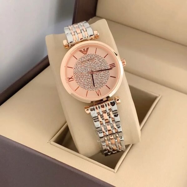 Emporio Armani Rose Gold Dial Diamond Studded Watch For Women