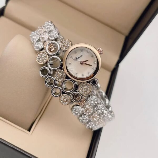 Chopard Rose Gold and Silver  Diamond Studded  White Dial Watch For Women