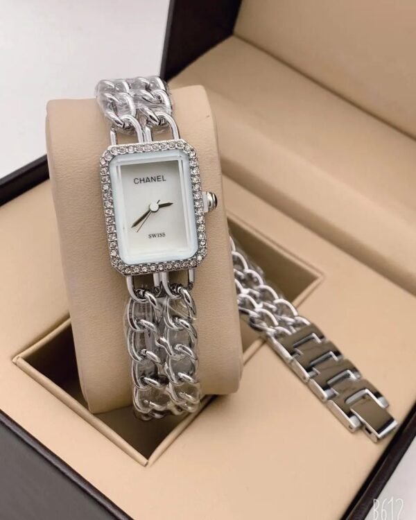 Chanel Swiss Made White Dial Silver Chain Strap Watch For Women