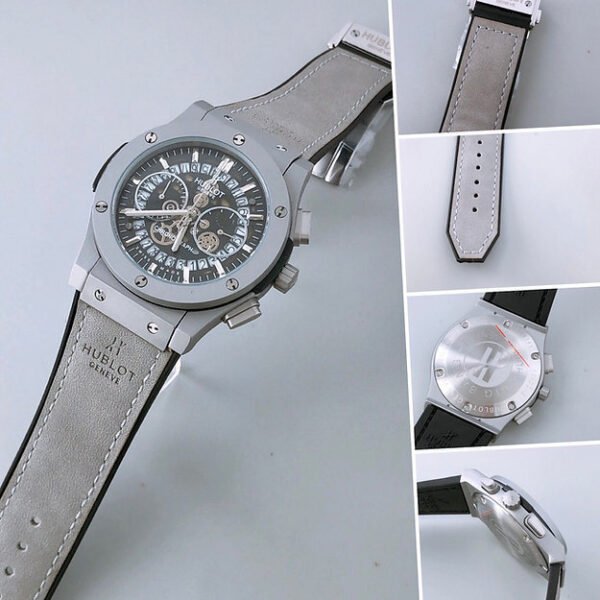 Hublot Grey Dotted Dial Analog Quartz Chronograph Leather Belt Men's Watch