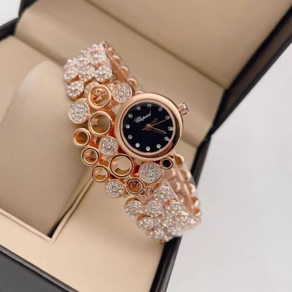 Chopard Rose Gold Diamond Studded  Black Dial Watch For Women