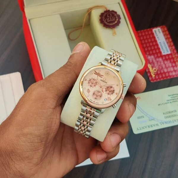 Omega Rose Gold Bezel Metal Belt Chronograph Watch For Women