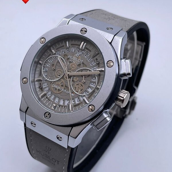 Hublot Grey Dotted Dial Analog Quartz Chronograph Leather Belt Men's Watch