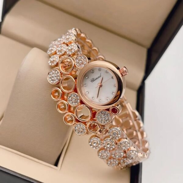 Elegant Chopard Rose Gold Diamond Studded White Dial Watch For Women