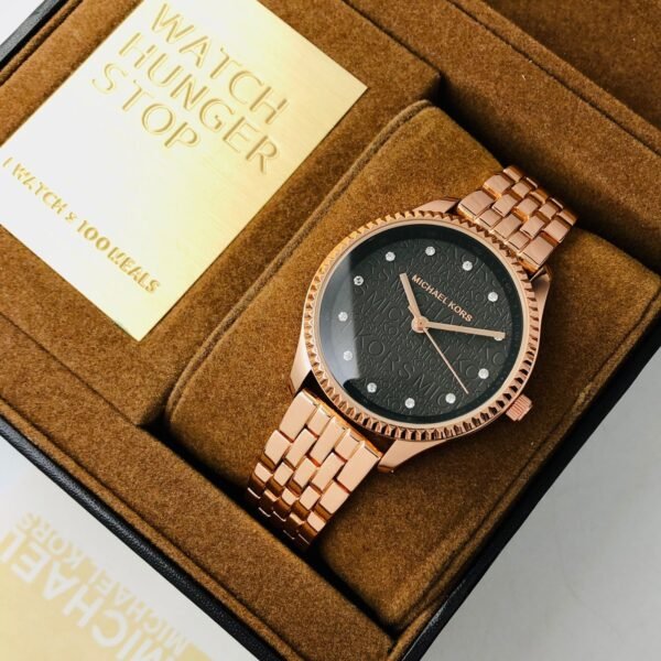 Michael Kors Black Dial Rose Gold Metal Strap Watch for Women