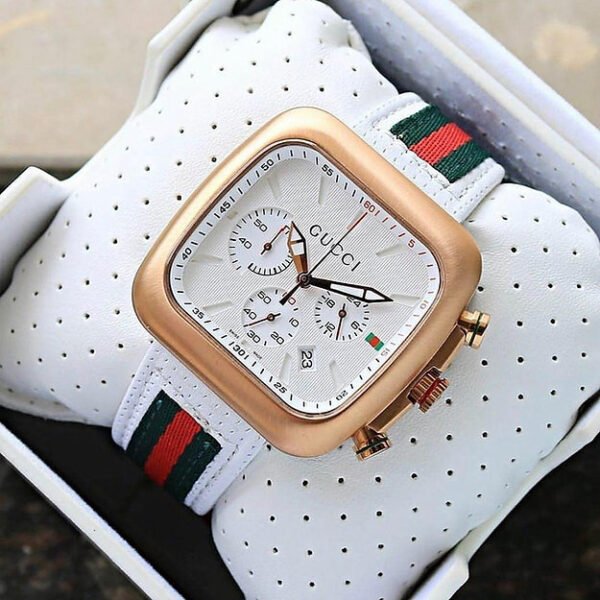 Gucci White Dial Analog Quartz Datejust  Leather Belt Square Model Men's Watch