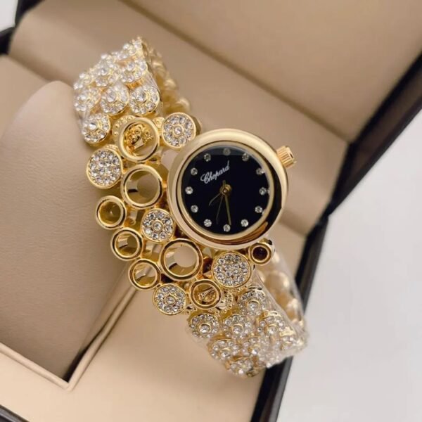 Chopard Gold Diamond Studded Black Dial Watch For Women