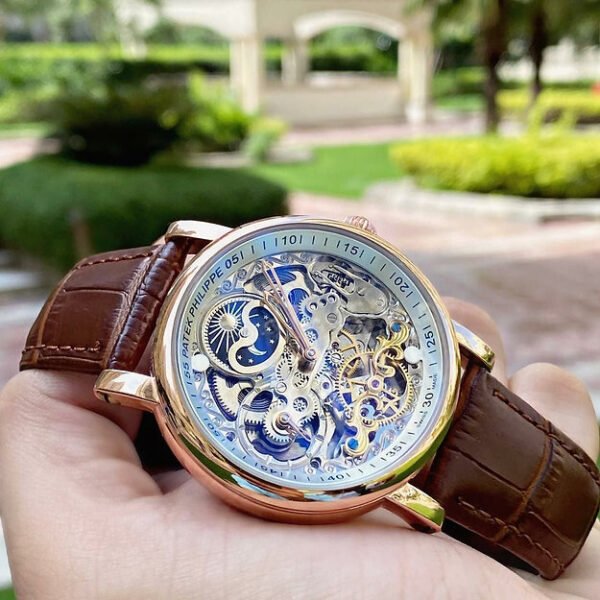 Patek Philippe Autometic Analog Quartz Brown Leather Belt Men's Watch