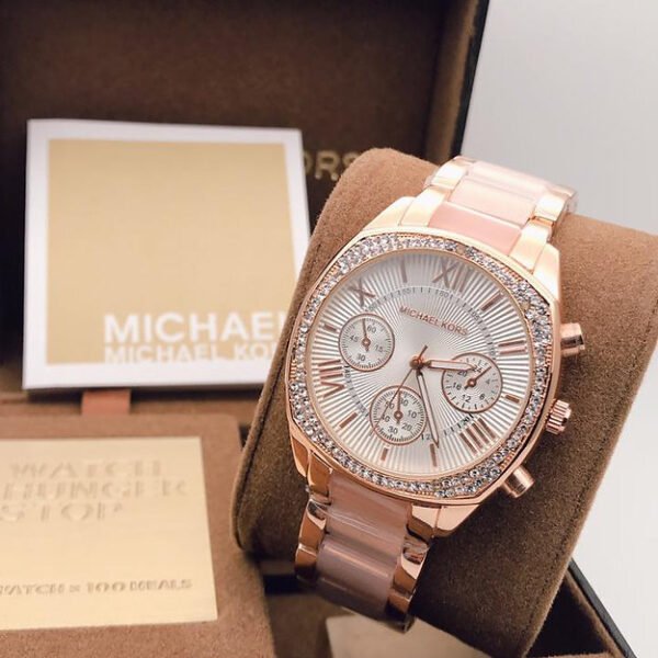 Michael Kors Pink-White Dial Chronograph Analog Quartz Metal Belt Women's Watch