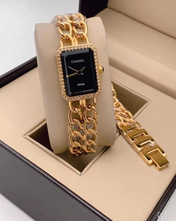 Chanel Swiss Made Gold Chain Strap Black Dial Watch For Women