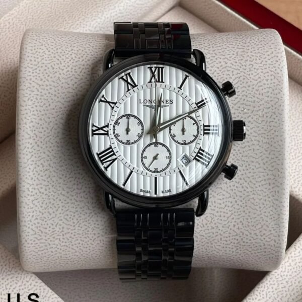 Longines Chronograph Black Leather Strap Men's Watch